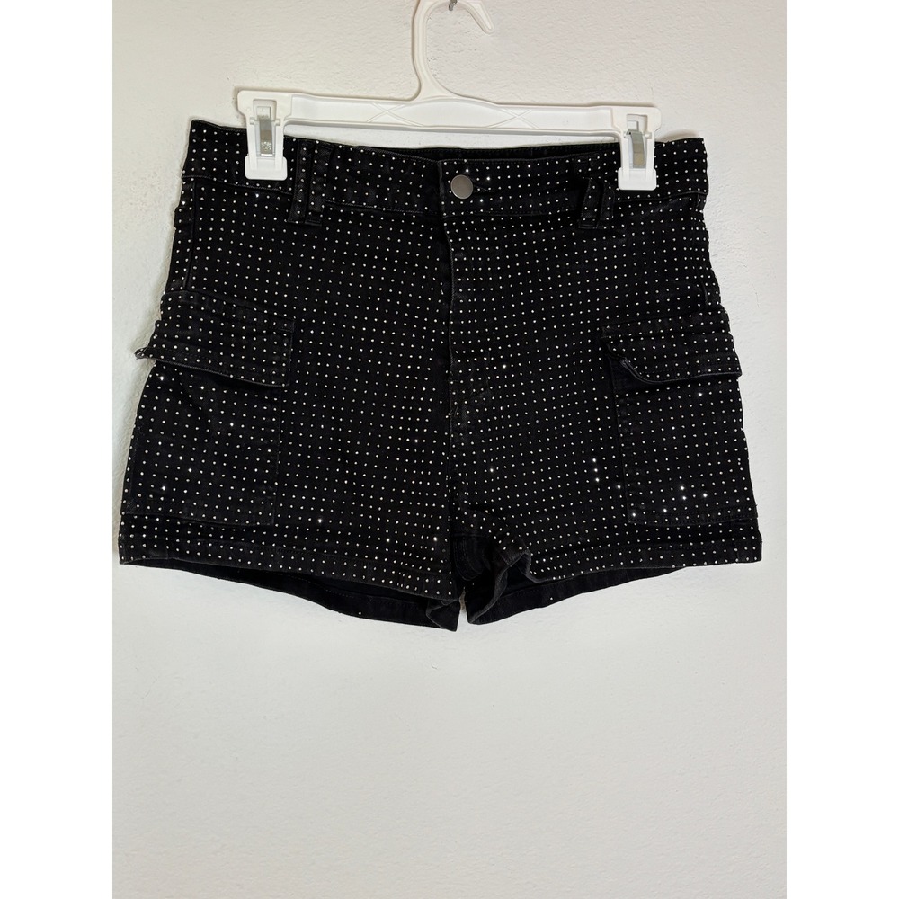 Haute Shein Black Rhinestone Cargo Shorts High Waisted Sparkly Festival Size L